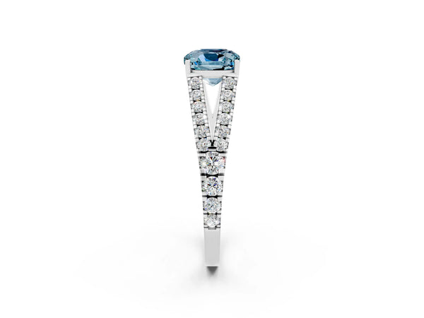 Platinum Cushion Cut Cut Split Shank Pave Diamond Engagement Ring with Four-Prong Setting