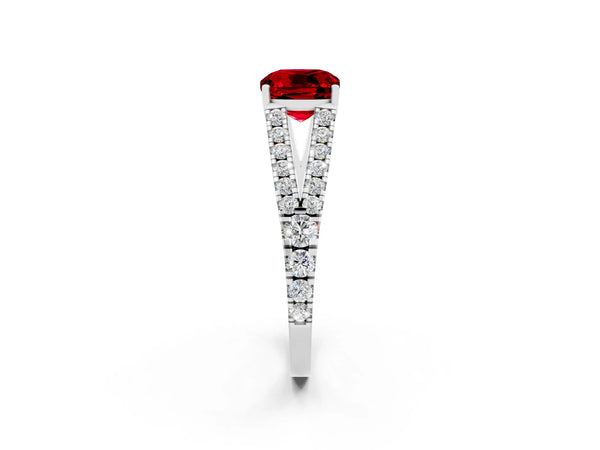 Silver Cushion Cut Ruby Split Shank Engagement Ring with Round Pavé and Prong Setting
