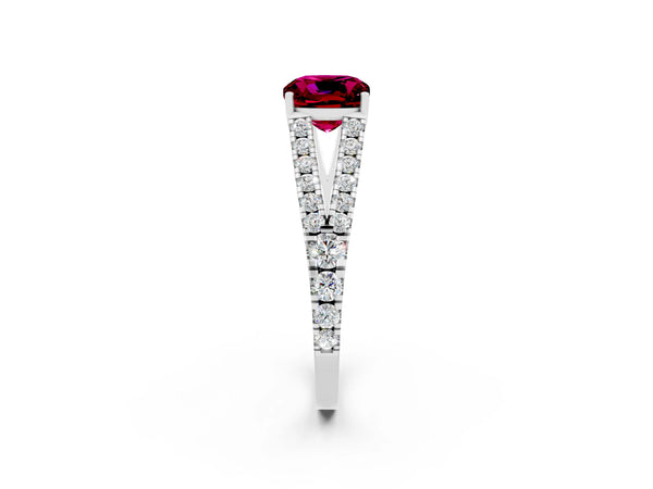 White gold Cushion Cut Garnet Split Shank Engagement Ring with Round Pavé and Prong Setting