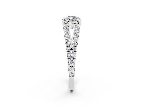Platinum Cushion Cut Moissanite Split Shank Engagement Ring with Round Pavé and Prong Setting