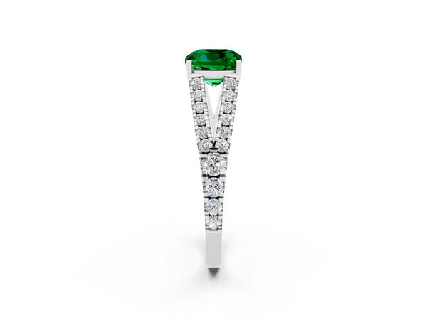 Silver Cushion Cut Emerald Split Shank Engagement Ring with Round Pavé and Prong Setting