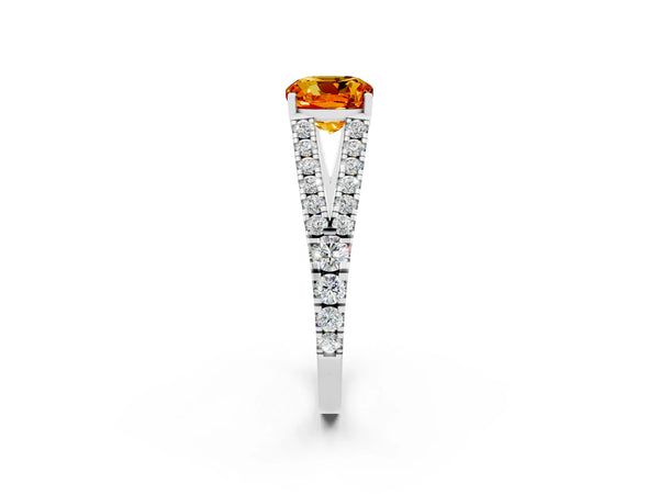 Silver Cushion Cut Citrine Split Shank Engagement Ring with Round Pavé and Prong Setting
