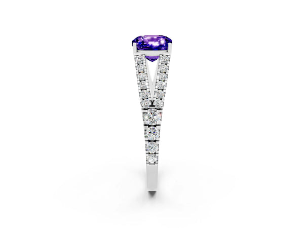 Silver Cushion Cut Tanzanite Split Shank Engagement Ring with Round Pavé and Prong Setting