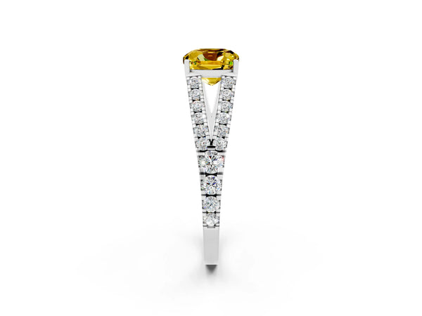 White gold Cushion Cut Yellow Sapphire Split Shank Engagement Ring with Round Pavé and Prong Setting
