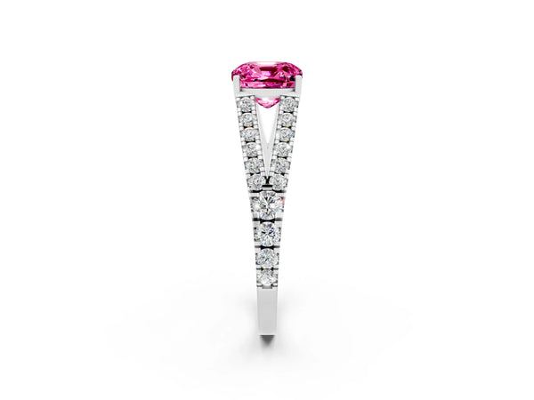 Platinum Cushion Cut Cut Split Shank Pave Diamond Engagement Ring with Four-Prong Setting