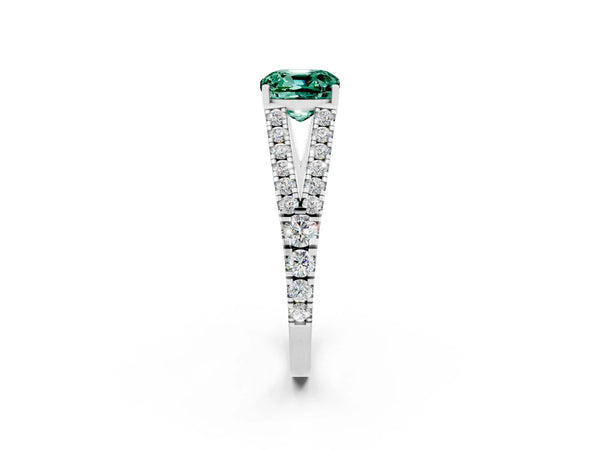 Platinum Cushion Cut Green Sapphire Split Shank Engagement Ring with Round Pavé and Prong Setting