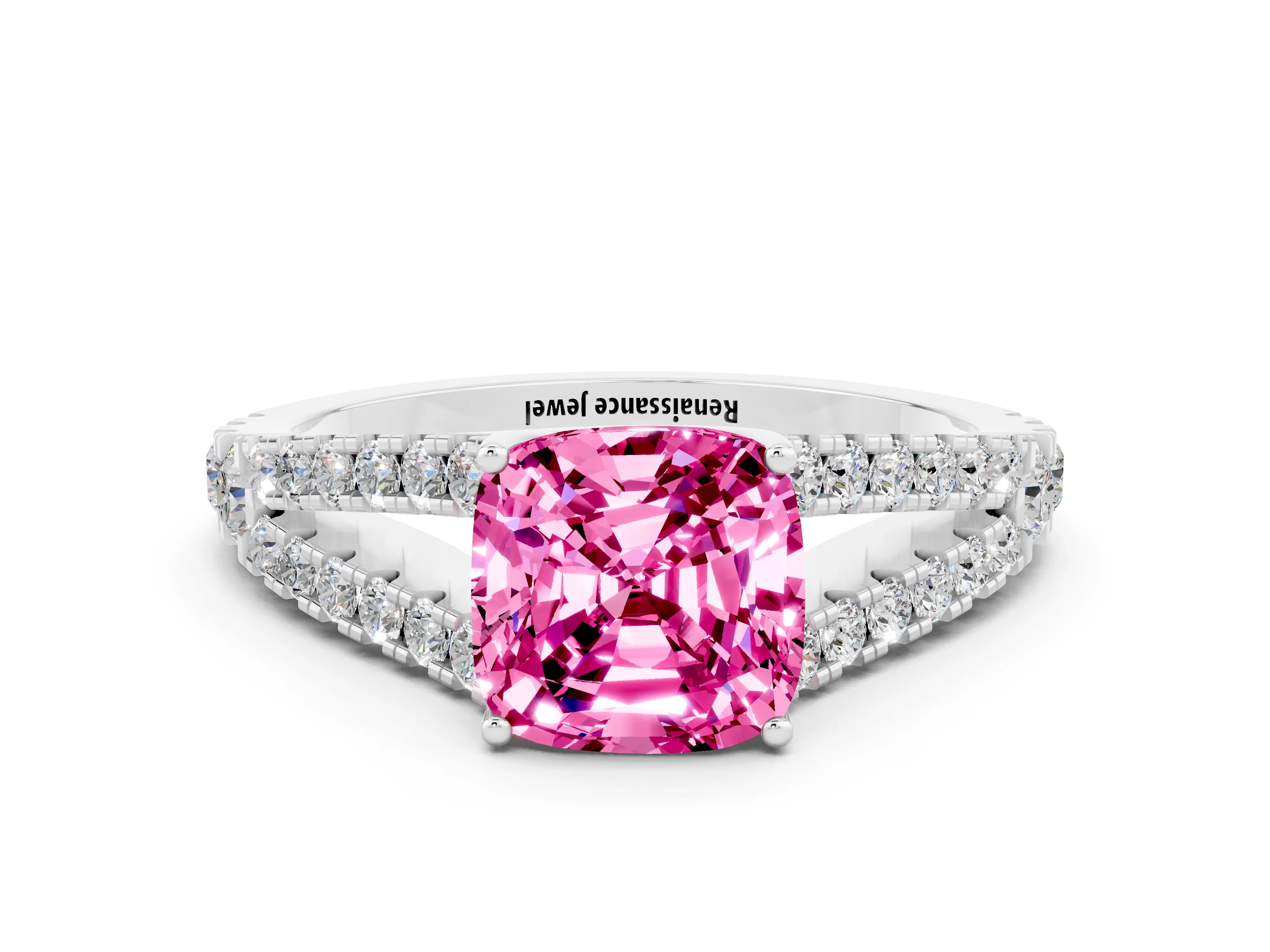 White gold Cushion Cut Cut Split Shank Pave Diamond Engagement Ring with Four-Prong Setting