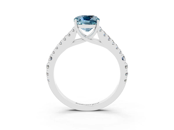 Platinum Cushion Cut Cut Split Shank Pave Diamond Engagement Ring with Four-Prong Setting