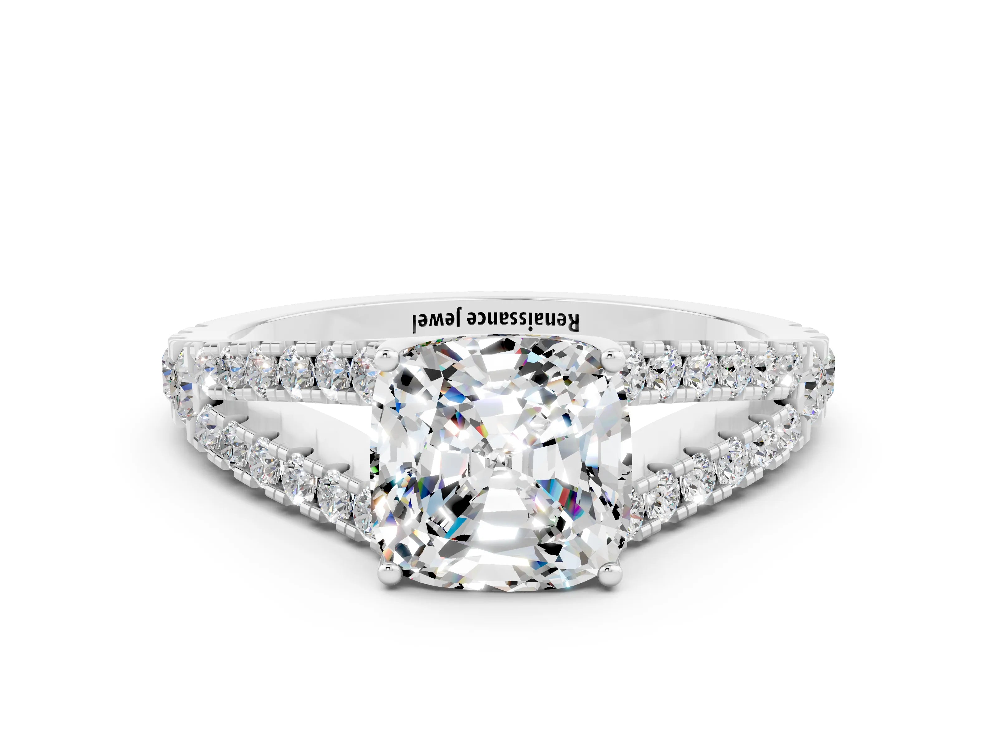 White gold Cushion Cut Cut Split Shank Pave Diamond Engagement Ring with Four-Prong Setting