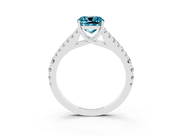 Silver Cushion Cut Cut Split Shank Pave Diamond Engagement Ring with Four-Prong Setting