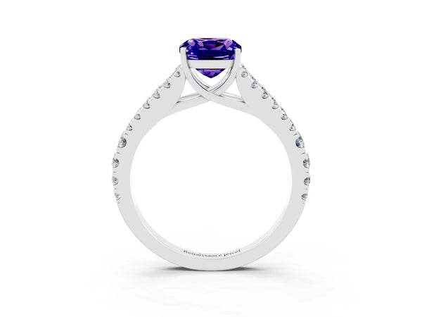 Silver Cushion Cut Tanzanite Split Shank Engagement Ring with Round Pavé and Prong Setting