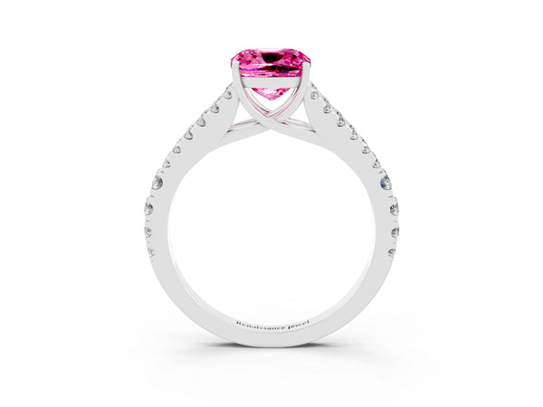 Platinum Cushion Cut Cut Split Shank Pave Diamond Engagement Ring with Four-Prong Setting
