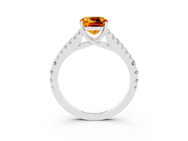 White gold Cushion Cut Citrine Split Shank Engagement Ring with Round Pavé and Prong Setting