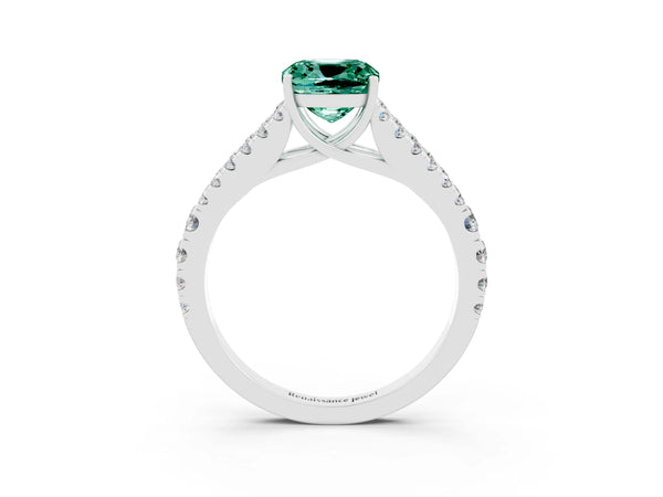 Silver Cushion Cut Green Sapphire Split Shank Engagement Ring with Round Pavé and Prong Setting