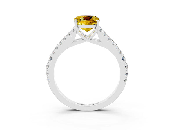 Silver Cushion Cut Yellow Sapphire Split Shank Engagement Ring with Round Pavé and Prong Setting