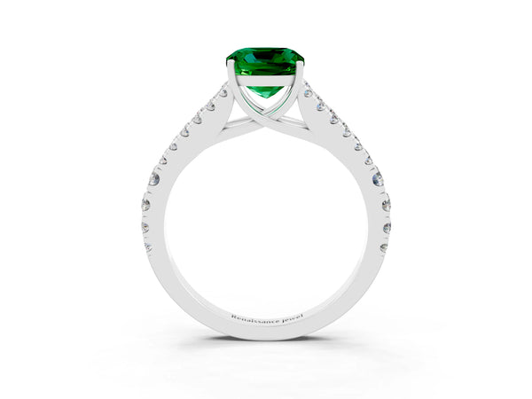 White gold Cushion Cut Emerald Split Shank Engagement Ring with Round Pavé and Prong Setting