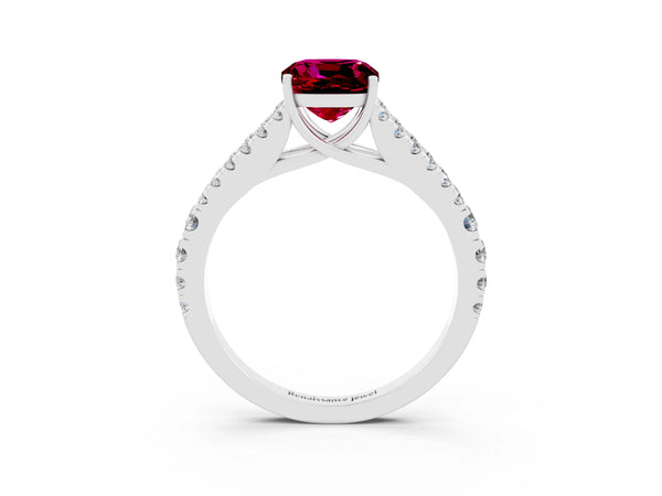 Platinum Cushion Cut Garnet Split Shank Engagement Ring with Round Pavé and Prong Setting