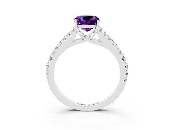 Silver Cushion Cut Amethyst Split Shank Engagement Ring with Round Pavé and Prong Setting