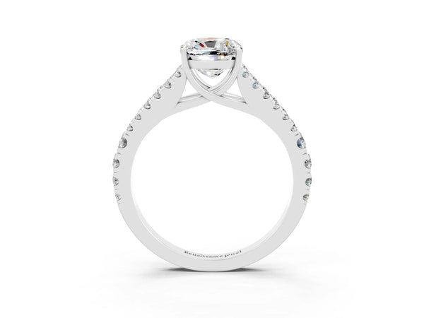 White gold Cushion Cut Moissanite Split Shank Engagement Ring with Round Pavé and Prong Setting