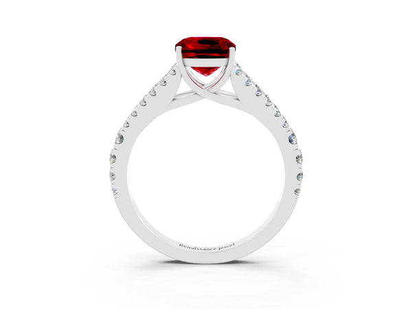 Silver Cushion Cut Ruby Split Shank Engagement Ring with Round Pavé and Prong Setting