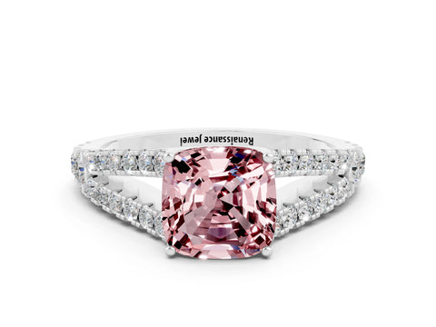 White gold Cushion Cut Cut Split Shank Pave Diamond Engagement Ring with Four-Prong Setting