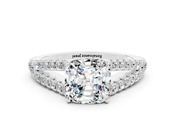 Platinum Cushion Cut Moissanite Split Shank Engagement Ring with Round Pavé and Prong Setting