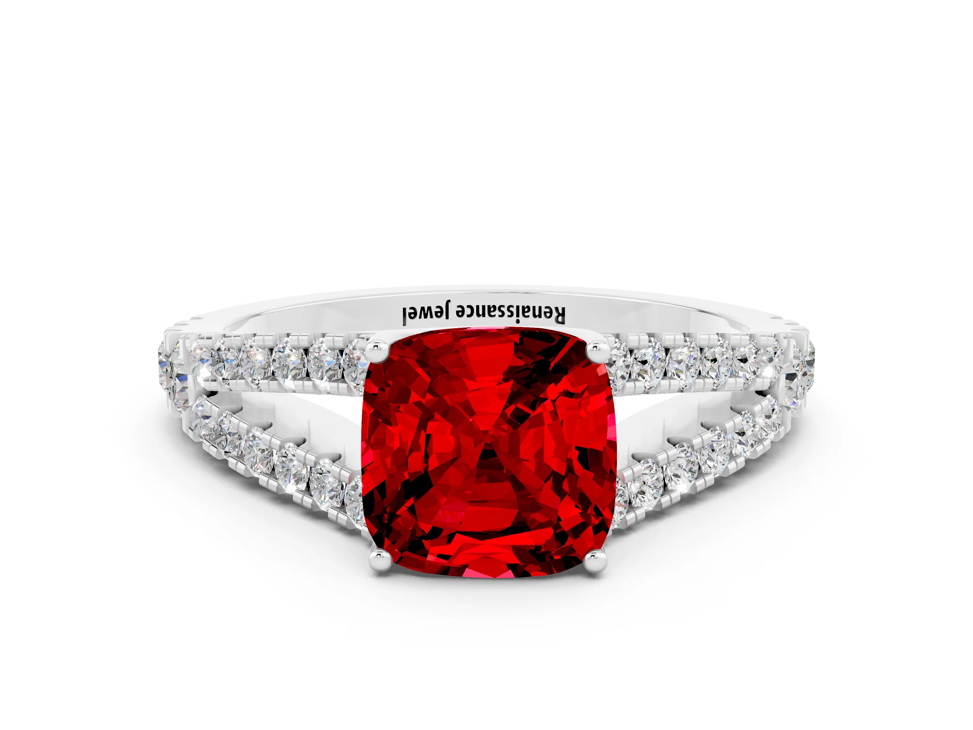 White gold Cushion Cut Cut Split Shank Pave Diamond Engagement Ring with Four-Prong Setting