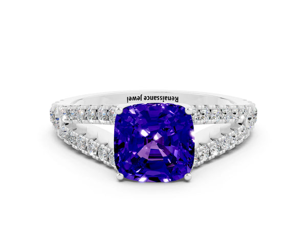 Silver Cushion Cut Tanzanite Split Shank Engagement Ring with Round Pavé and Prong Setting