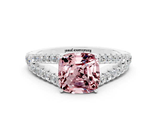 Silver Cushion Cut Cut Split Shank Pave Diamond Engagement Ring with Four-Prong Setting