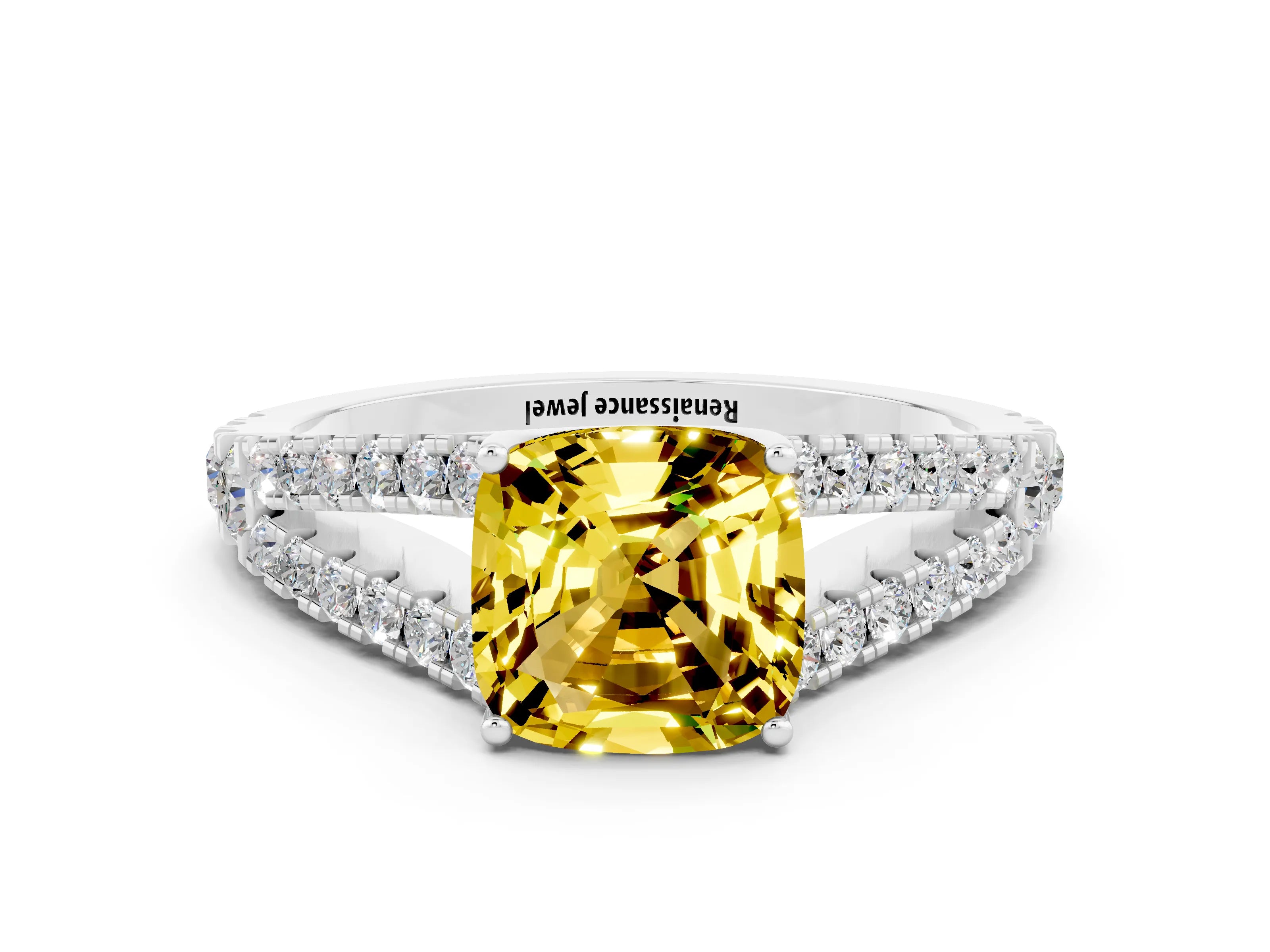 White gold Cushion Cut Cut Split Shank Pave Diamond Engagement Ring with Four-Prong Setting