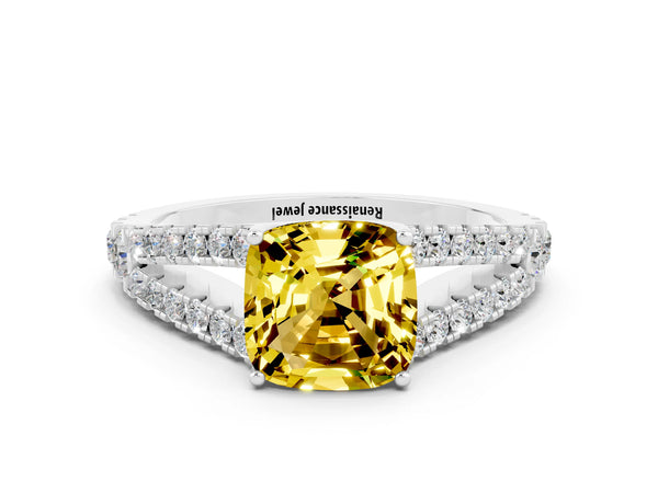 White gold Cushion Cut Yellow Sapphire Split Shank Engagement Ring with Round Pavé and Prong Setting