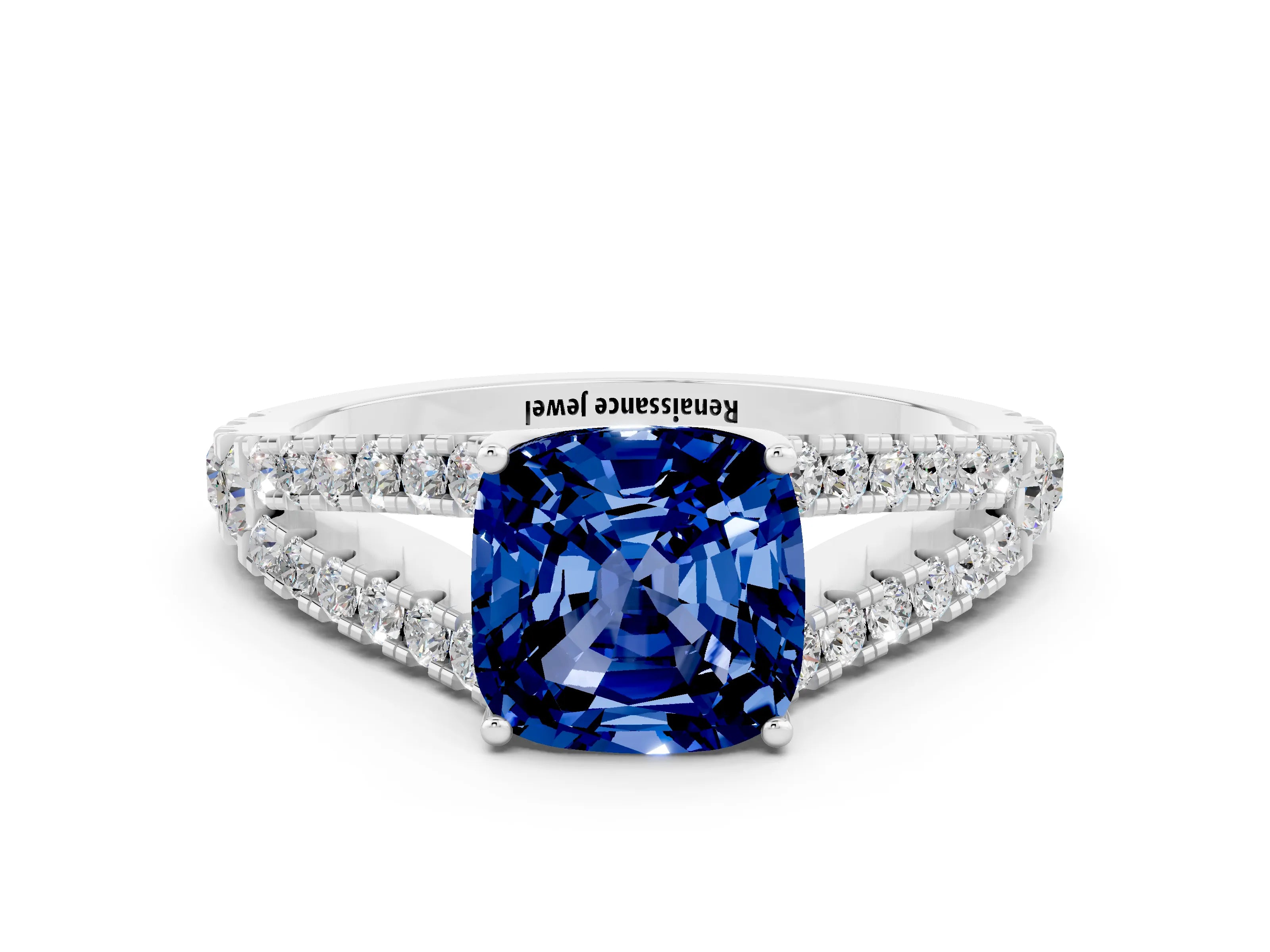 White gold Cushion Cut Cut Split Shank Pave Diamond Engagement Ring with Four-Prong Setting
