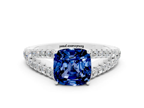 White gold Cushion Cut Cut Split Shank Pave Diamond Engagement Ring with Four-Prong Setting