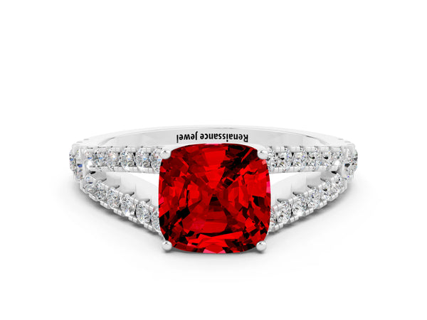 Platinum Cushion Cut Ruby Split Shank Engagement Ring with Round Pavé and Prong Setting