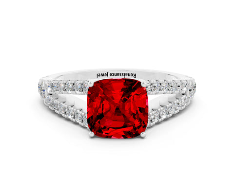 White gold Cushion Cut Cut Split Shank Pave Diamond Engagement Ring with Four-Prong Setting