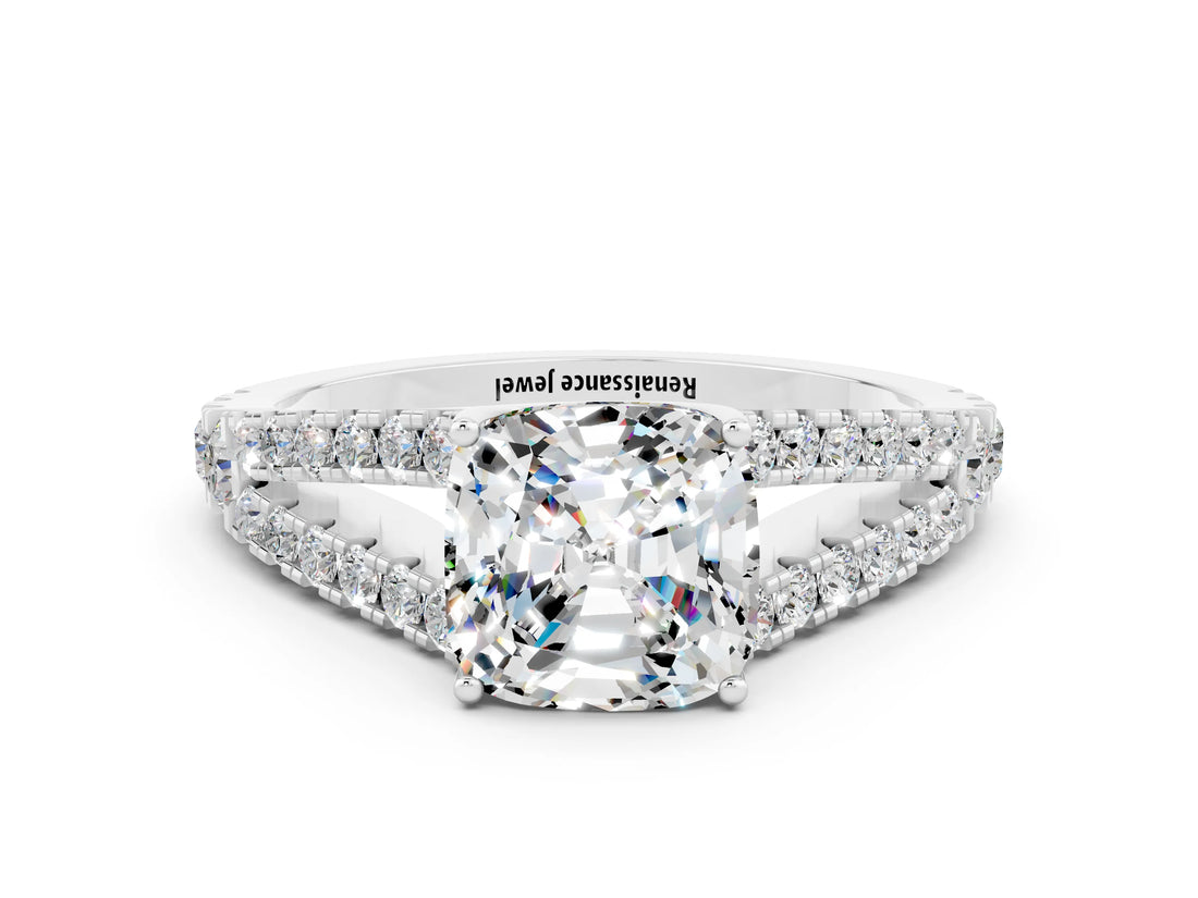 White gold Cushion Cut Cut Split Shank Pave Diamond Engagement Ring with Four-Prong Setting