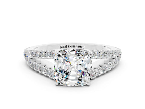White gold Cushion Cut Cut Split Shank Pave Diamond Engagement Ring with Four-Prong Setting