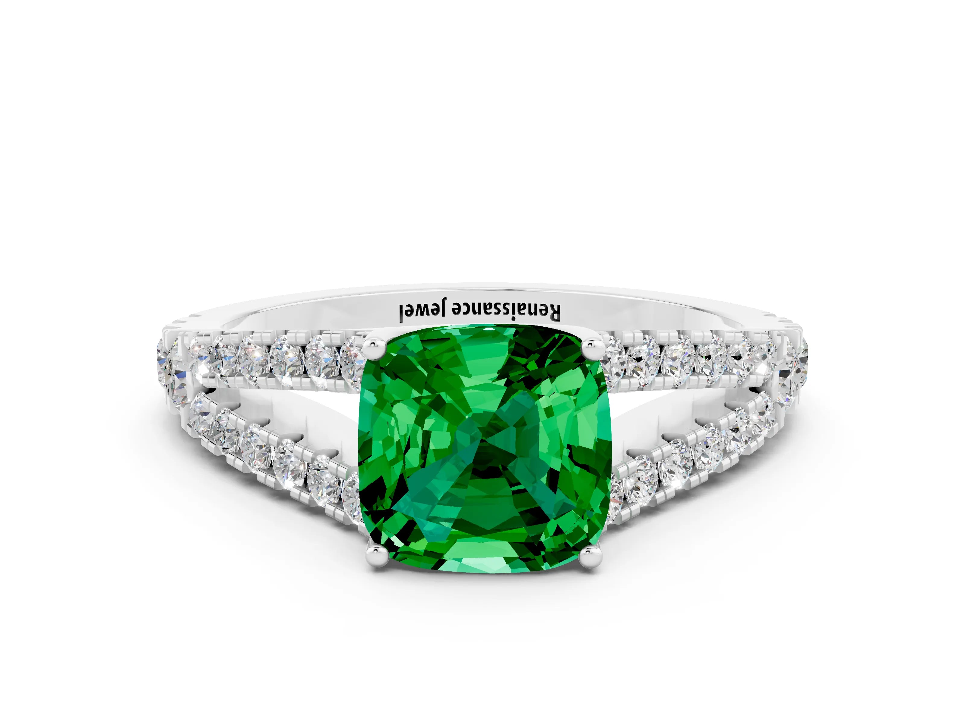 White gold Cushion Cut Cut Split Shank Pave Diamond Engagement Ring with Four-Prong Setting