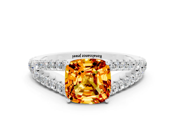 Silver Cushion Cut Citrine Split Shank Engagement Ring with Round Pavé and Prong Setting