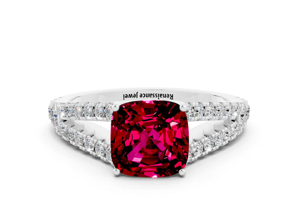Platinum Cushion Cut Garnet Split Shank Engagement Ring with Round Pavé and Prong Setting