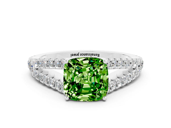Silver Cushion Cut Cut Split Shank Pave Diamond Engagement Ring with Four-Prong Setting
