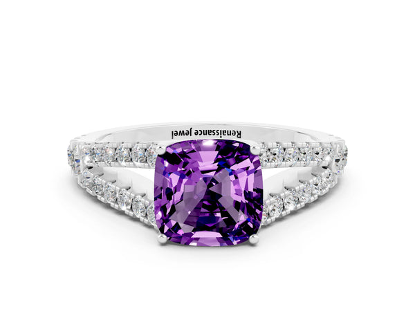 Silver Cushion Cut Amethyst Split Shank Engagement Ring with Round Pavé and Prong Setting