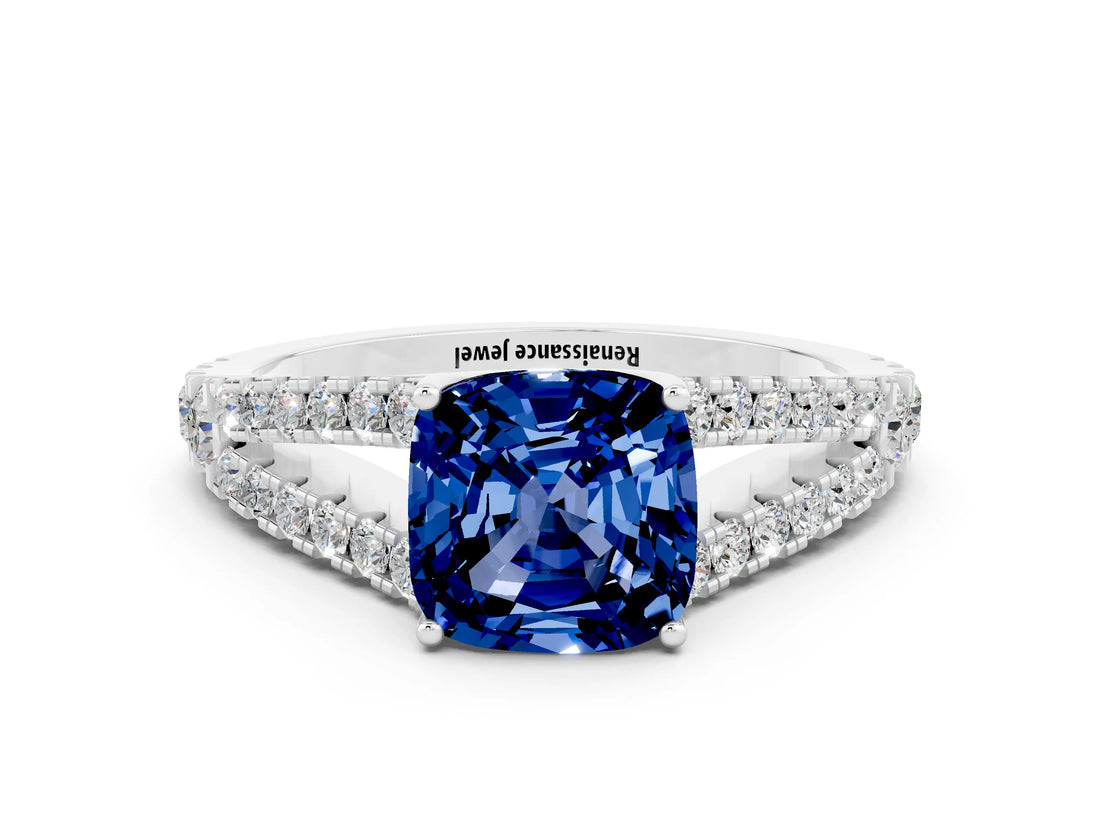 White gold Cushion Cut Cut Split Shank Pave Diamond Engagement Ring with Four-Prong Setting