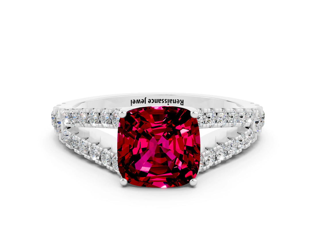 White gold Cushion Cut Cut Split Shank Pave Diamond Engagement Ring with Four-Prong Setting
