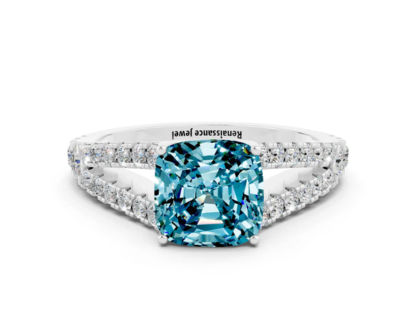 White gold Cushion Cut Cut Split Shank Pave Diamond Engagement Ring with Four-Prong Setting