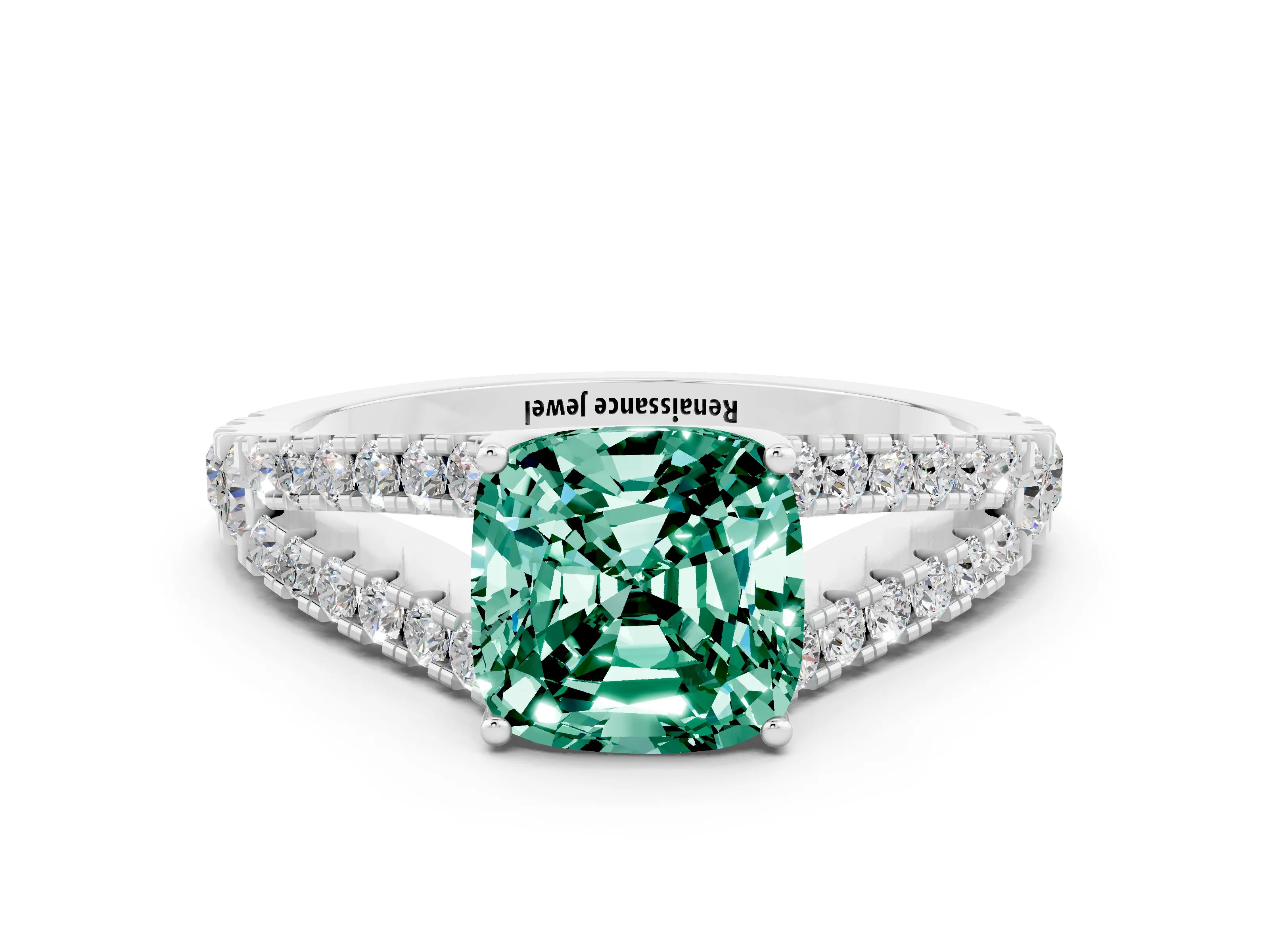White gold Cushion Cut Cut Split Shank Pave Diamond Engagement Ring with Four-Prong Setting