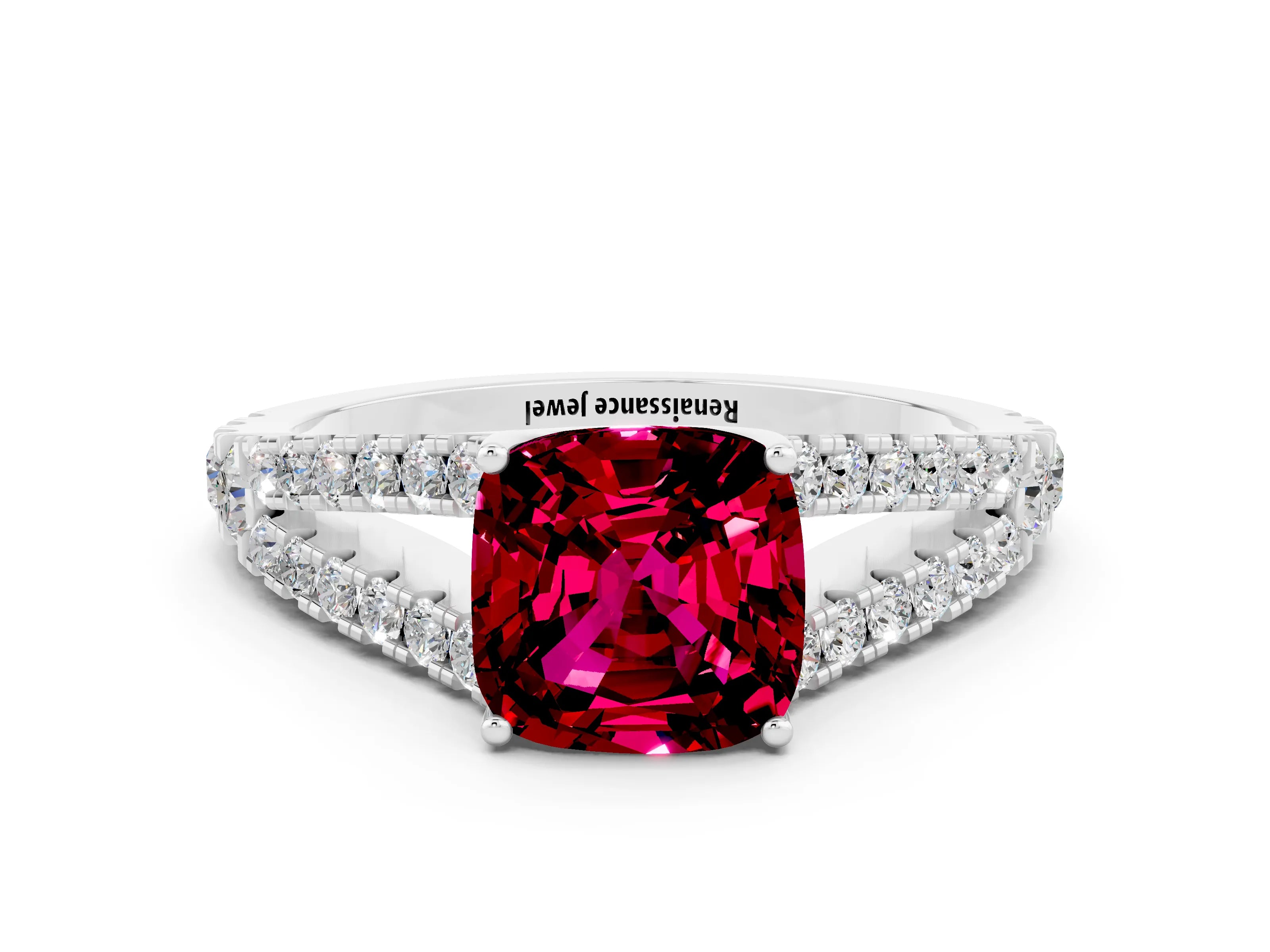 White gold Cushion Cut Cut Split Shank Pave Diamond Engagement Ring with Four-Prong Setting