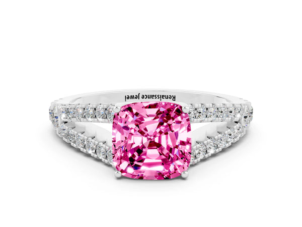 Platinum Cushion Cut Cut Split Shank Pave Diamond Engagement Ring with Four-Prong Setting