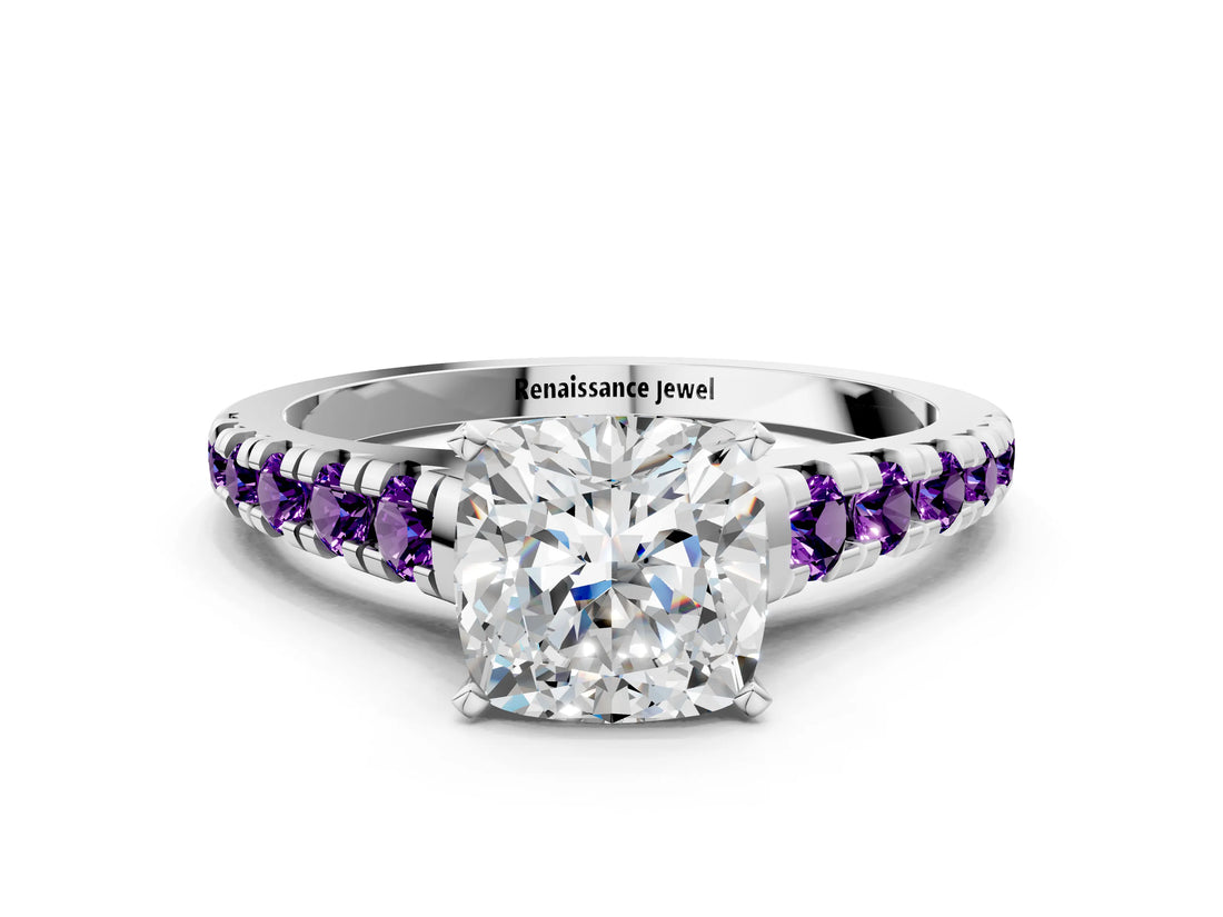 White gold Cushion Cut Diamond Cathedral Solitaire Ring with Round with Amethyst side stone Pavé Band_12