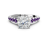 White gold Cushion Cut Diamond Cathedral Solitaire Ring with Round with Amethyst side stone Pavé Band_12